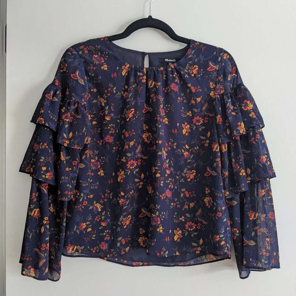 Madewell Blouse Size XXS Navy Blue Ruffle Floral